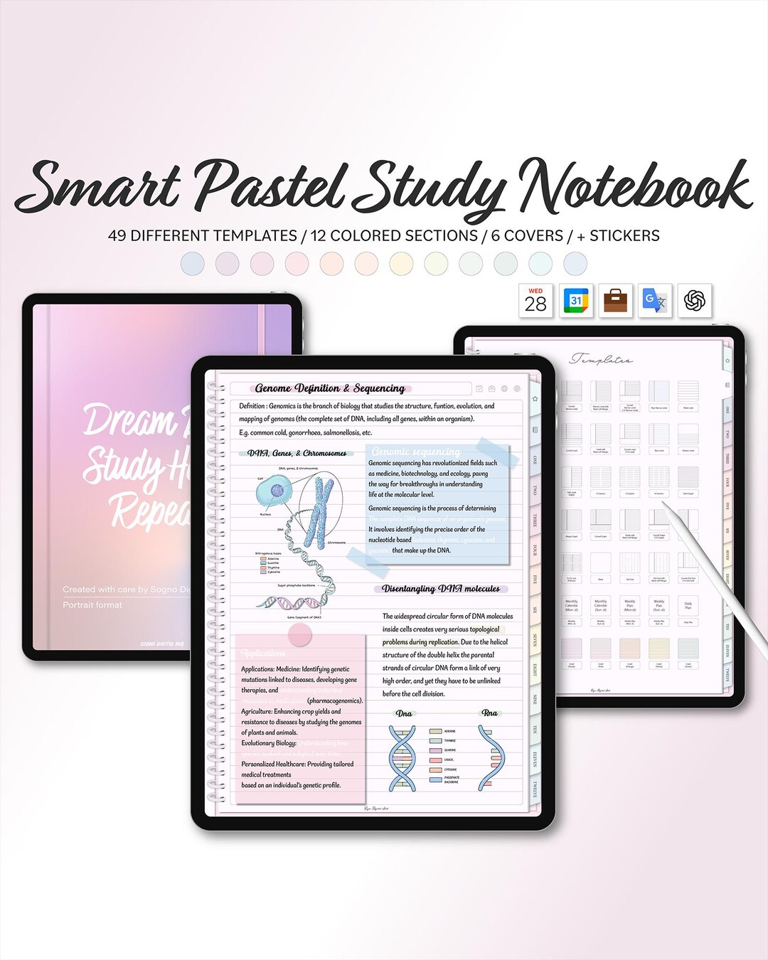 Pastel Study Stickers Smart Pastel Study Notebook Stickers Goodnotes Notebook iPad Template ...
