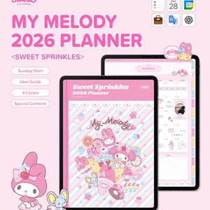 Könnte beinhalten: Ein rosa My Melody 2026 Planer mit dem Text "Sweet Sprinkles". Der Planer zeigt eine Cover-Illustration von My Melody-Charakteren mit Desserts. Das Bild zeigt auch einen digitalen Planer mit einem Januar-Kalender.
