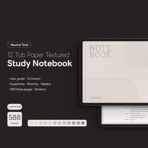 12 Tab Paper Textured Study Notebook (NEUTRAL, Landscape) Goodnotes Notebook iPad Template Weekly Planner Study Notebook Simple Minimalist