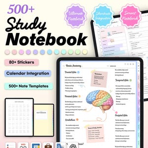 May include: Digital study notebook with over 500 templates, calendar integration, and 80+ stickers. The image shows a tablet displaying brain anatomy diagrams and a notebook with a minimalist design. Includes the text "Ultimate Notebook".