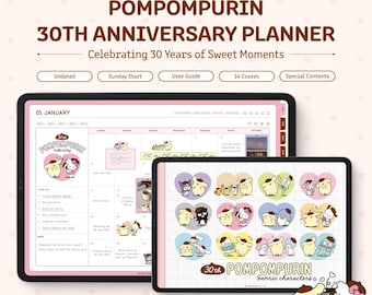 Agenda digital del 30.º aniversario de Pompompurin / Agenda sin fecha para iPad, Android y tabletas de Sanrio / Compatible con Goodnotes y Notability / Licencia oficial
