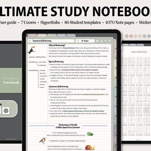 May include: Digital study notebook with the title "ULTIMATE STUDY NOTEBOOK" displayed on a tablet. The notebook includes a user guide, 7 covers, hyperlinks, 86 student templates, 1070 note pages, and stickers. The image also shows page templates and a "500+ FREE STICKERS" badge.