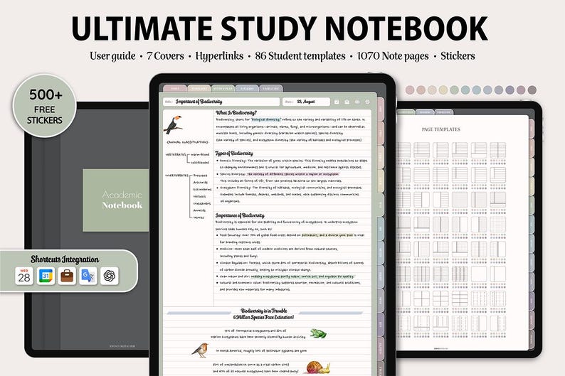 May include: Digital study notebook with the title "ULTIMATE STUDY NOTEBOOK" displayed on a tablet. The notebook includes a user guide, 7 covers, hyperlinks, 86 student templates, 1070 note pages, and stickers. The image also shows page templates and a "500+ FREE STICKERS" badge.