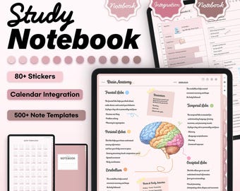 Más de 500 pegatinas para cuadernos de estudio en rosa neutro, plantilla para iPad de Goodnotes Notebook, planificador semanal de estudio simple y minimalista.
