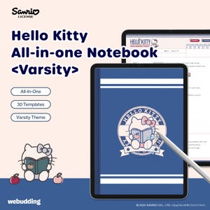 May include: A navy blue Hello Kitty All-in-one Notebook with a Varsity theme. The notebook features a Hello Kitty emblem and a white stripe. A tablet displaying a Hello Kitty webpage and a stylus are also visible.