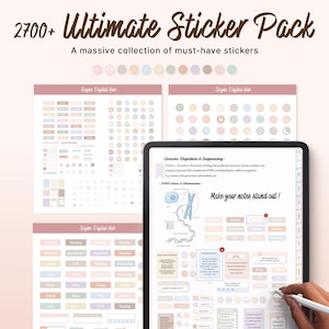 Puede incluir: Un paquete de pegatinas digitales con más de 2700 pegatinas. La imagen muestra una tableta con notas y un lápiz óptico, junto con varias hojas de pegatinas. El texto de la imagen dice "2700+ Ultimate Sticker Pack" y "Make your notes stand out!"