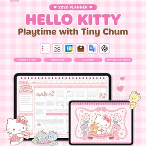 Könnte beinhalten: Rosa Hello Kitty 2026 Planer mit dem Text "Playtime with Tiny Chum". Das Bild zeigt ein Tablet mit einem Kalender und ein kleineres Tablet mit Hello Kitty und Freunden. Der Hintergrund ist ein rosa Vichy-Muster.