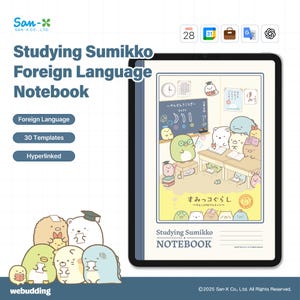 May include: A notebook with a blue cover featuring the text "Studying Sumikko Foreign Language Notebook." The notebook's cover displays cartoon characters in a classroom setting. The notebook includes 30 templates and is hyperlinked.
