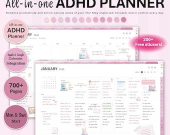 Agenda estructurada todo en uno para TDAH 2026 (rosa empolvado) | Goodnotes Notability Samsung Notes iPad Template Planificador semanal simple para concentrarse