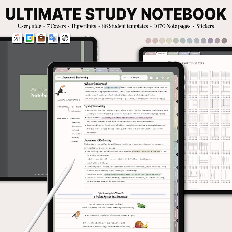 Ultimate Neutral Study Notebook (ChatGPT Integration) Stickers Goodnotes Notebook iPad Template Weekly Planner Study Simple Minimalist image 1