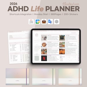 Może przedstawiać: Cyfrowy planer życia ADHD na rok 2026, z integracją skrótów, rozpoczęciem w poniedziałek, 880 stronami i ponad 200 naklejkami. Obraz przedstawia tablet z wyświetlonymi stronami planera i trzy fizyczne planery.