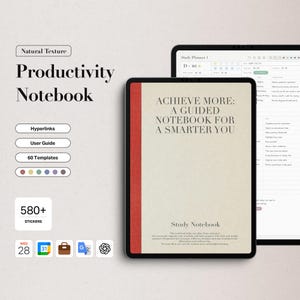 Może przedstawiać: Cyfrowy notatnik produktywności z tekstem "ACHIEVE MORE: A GUIDED NOTEBOOK FOR A SMARTER YOU." Notatnik ma czerwony grzbiet i beżową okładkę. Obraz przedstawia również tablet z interfejsem planera nauki.
