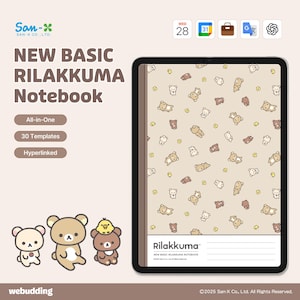 May include: A digital notebook with a beige background and a pattern of Rilakkuma bears. The notebook is labeled "New Basic Rilakkuma Notebook" and includes the text "All-in-One", "30 Templates", and "Hyperlinked". The San-X Co., Ltd. logo is in the upper left corner.