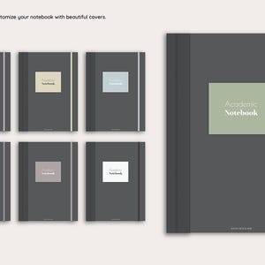 May include: A collection of dark gray notebooks with colored square labels and elastic bands. The text "Academic Notebook" is printed on the labels. The image also includes the text "Covers Customize your notebook with beautiful covers."