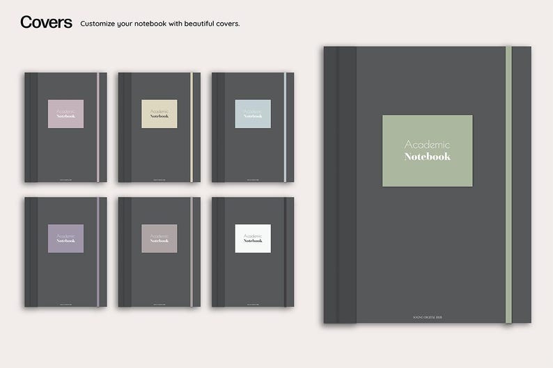 May include: A collection of dark gray notebooks with colored square labels and elastic bands. The text "Academic Notebook" is printed on the labels. The image also includes the text "Covers Customize your notebook with beautiful covers."