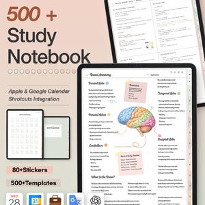 Pode incluir: Caderno de estudo digital com o texto "500+ Study Notebook" e "Apple & Google Calendar Shortcuts Integration". O caderno inclui mais de 80 autocolantes e 500 modelos. O ecrã mostra notas sobre anatomia cerebral.