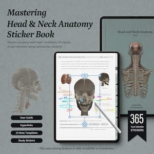 May include: A digital anatomy sticker book titled "Mastering Head & Neck Anatomy" with interactive stickers. The image shows a tablet displaying anatomical illustrations and notes, along with a stylus. Additional text includes "User Guide," "Hyperlinks," and "365 Text Editable Stickers."