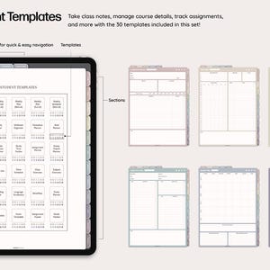 May include: A digital tablet displaying 30 student templates for note-taking, course management, and assignment tracking. The templates include sections for monthly calendars, weekly schedules, and more. The text "30 Student Templates" is at the top.
