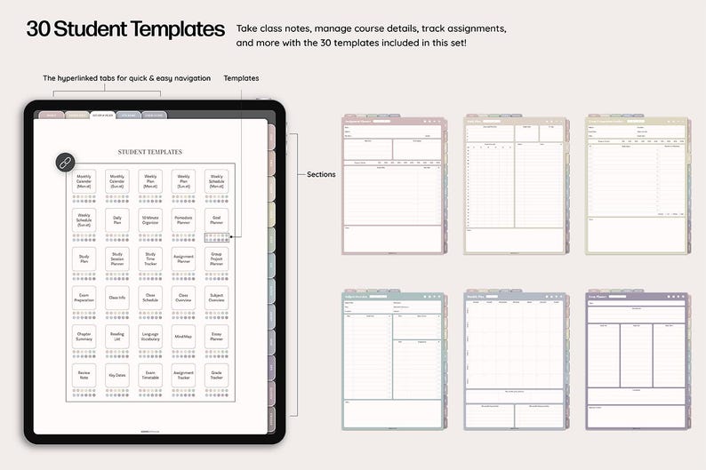May include: A digital tablet displaying 30 student templates for note-taking, course management, and assignment tracking. The templates include sections for monthly calendars, weekly schedules, and more. The text "30 Student Templates" is at the top.