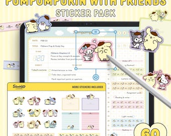 Paquete de pegatinas de Pompompurin con amigos <Edición 30 Aniversario> / Pegatinas digitales de Sanrio para iPad, Goodnotes y Notability / Licencia oficial