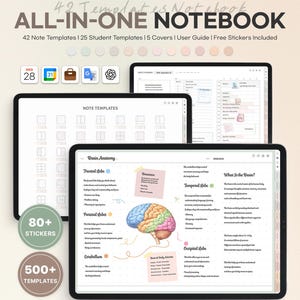 May include: Digital all-in-one notebook featuring 42 note templates, 25 student templates, 5 covers, a user guide, and free stickers. The display shows a brain anatomy study page with text, a colorful brain illustration, and various planner layouts.