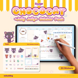 Puede incluir: Un paquete de pegatinas de Chococat con 55 pegatinas, con varios diseños de Chococat y otras ilustraciones bonitas. Las pegatinas se muestran con un calendario digital y una tableta. El texto de la imagen dice "Chococat Jelly Jelly Sticker Pack".
