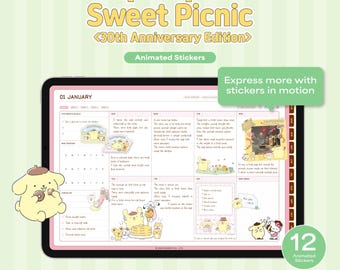 Paquete de stickers animados de Pompompurin's Sweet Picnic <Edición 30 Aniversario> / Stickers GIF de Sanrio Goodnotes Notability / Licencia oficial
