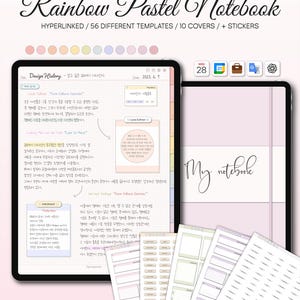 Pode incluir: Um caderno digital com um tema de arco-íris pastel. A imagem mostra um tablet exibindo notas e modelos, com o texto "Rainbow Pastel Notebook". Inclui 56 modelos, 10 capas e adesivos.