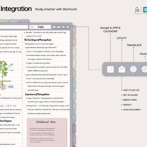 May include: A digital notepad interface with the text "Shortcuts Integration" and "Study smarter with Shortcuts!". The screen displays notes on photosynthesis, with a diagram of a plant. Additional features include calendar, utility, and ChatGPT.