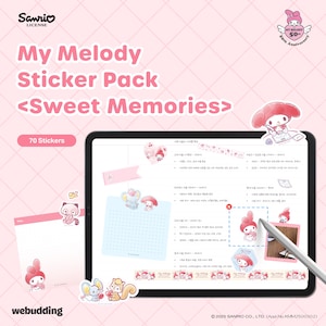 May include: A My Melody sticker pack with the text "My Melody Sticker Pack <Sweet Memories>" and "70 Stickers". The image shows a tablet with stickers and a notepad with stickers. The background is pink.