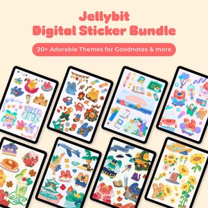 Könnte beinhalten: Eine digitale Sticker-Bundle-Anzeige auf mehreren Tablets. Der Text oben lautet "Jellybit Digital Sticker Bundle" und "20+ Adorable Themes for Goodnotes & more". Jedes Tablet zeigt ein anderes Thema mit farbenfrohen, niedlichen Illustrationen.