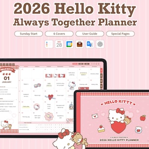 Peut inclure: Un agenda Hello Kitty 2026 avec une couverture et des pages intérieures roses. L'agenda présente une mise en page de calendrier avec des illustrations de Hello Kitty et d'autres personnages Sanrio. La couverture indique "2026 Hello Kitty Always Together Planner."
