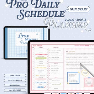 Może przedstawiać: Cyfrowy planer w jasnoniebieskich i różowych odcieniach. Zawiera sekcje na codzienne harmonogramy, listy zadań i notatki. Tekst zawiera "Pro Daily Schedule Planner" i "Little Moments Plan". Oferuje również przewodniki i naklejki.