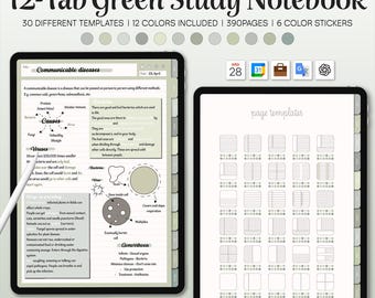 Cuaderno verde de 12 pestañas (integración con ChatGPT) Pegatinas Cuaderno Goodnotes Plantilla para iPad Planificador semanal Estudio Simple Minimalista