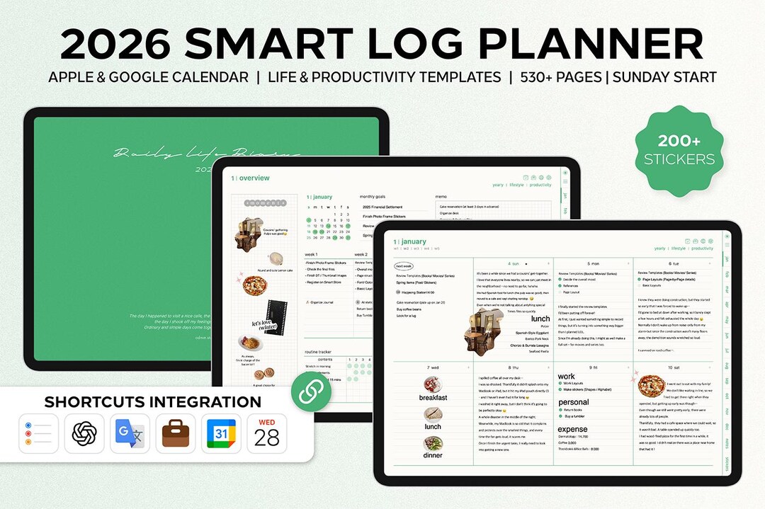 2026 Smart Log Planner (green, Sun) Goodnotes Planner iPad Template ...