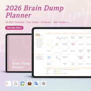 Może przedstawiać: Dwa tablety cyfrowe prezentujące planer "2026 Brain Dump". Planer ma różowo-białą kolorystykę z tekstem "2026 Brain Dump Planner" i "Monday Start". Jeden tablet wyświetla miesięczny układ kalendarza z różnymi ikonami.