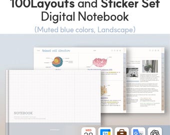 Más de 100 diseños y juego de pegatinas Cuaderno digital (azul) ChatGPT Goodnotes Cuaderno Plantilla iPad Planificador semanal Estudio Simple Minimalista