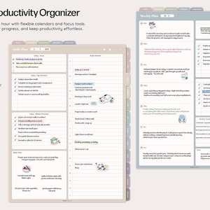 May include: A digital planner with a beige and light blue color scheme, featuring sections for monthly, weekly, and daily planning. The planner includes a 10-minute organizer, Pomodoro planner, and goal planner. Text at the top reads "Time & Productivity Organizer."
