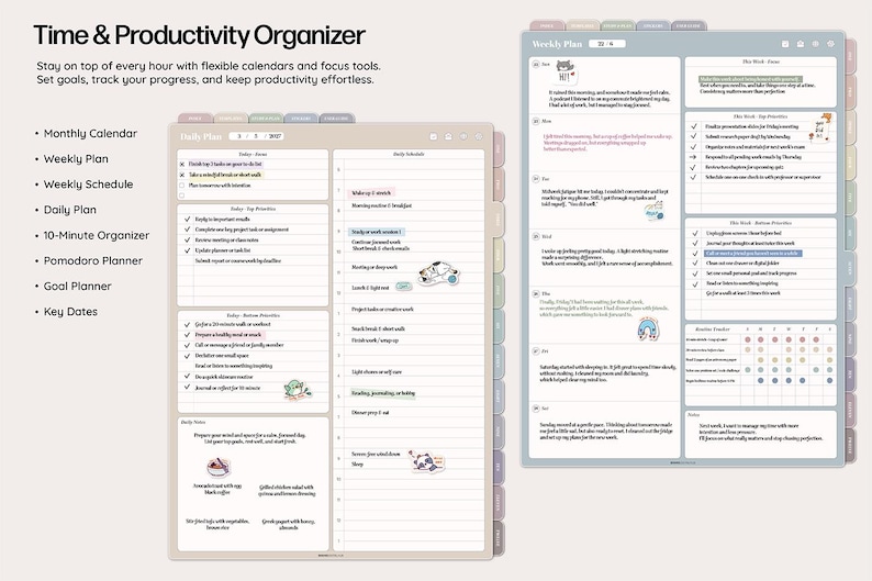 May include: A digital planner with a beige and light blue color scheme, featuring sections for monthly, weekly, and daily planning. The planner includes a 10-minute organizer, Pomodoro planner, and goal planner. Text at the top reads "Time & Productivity Organizer."