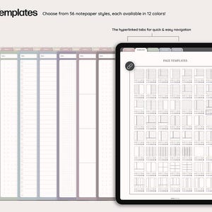 May include: Digital planner with 56 basic templates, each available in 12 colors. The image shows a tablet displaying various page templates and a selection of notepaper styles. The text reads "56 Basic Templates".