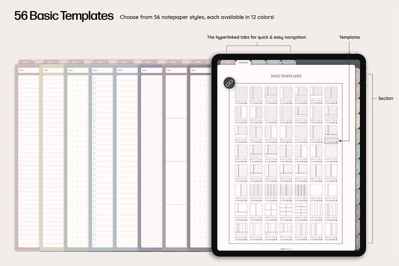 May include: Digital planner with 56 basic templates, each available in 12 colors. The image shows a tablet displaying various page templates and a selection of notepaper styles. The text reads "56 Basic Templates".
