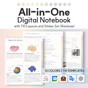 Puede incluir: Un cuaderno digital todo en uno con 110 diseños y un juego de pegatinas. El cuaderno presenta páginas coloridas con notas manuscritas, diagramas y texto. El título "All-in-One Digital Notebook" se muestra en la parte superior, con el texto "12 colores | 110 plantillas."