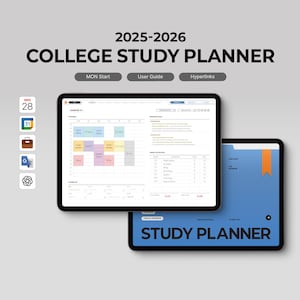 May include: Two digital tablets displaying a college study planner for the 2025-2026 academic year. The top tablet shows a weekly schedule with color-coded blocks. The bottom tablet displays "STUDY PLANNER" in white text on a blue background.