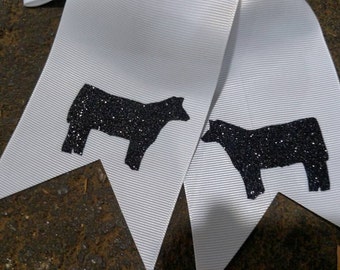 White cheer spirit style bow black glitter show cattle