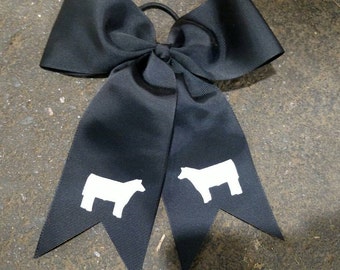 Black cheer spirit bow with elastic tie with white glitter show cattle