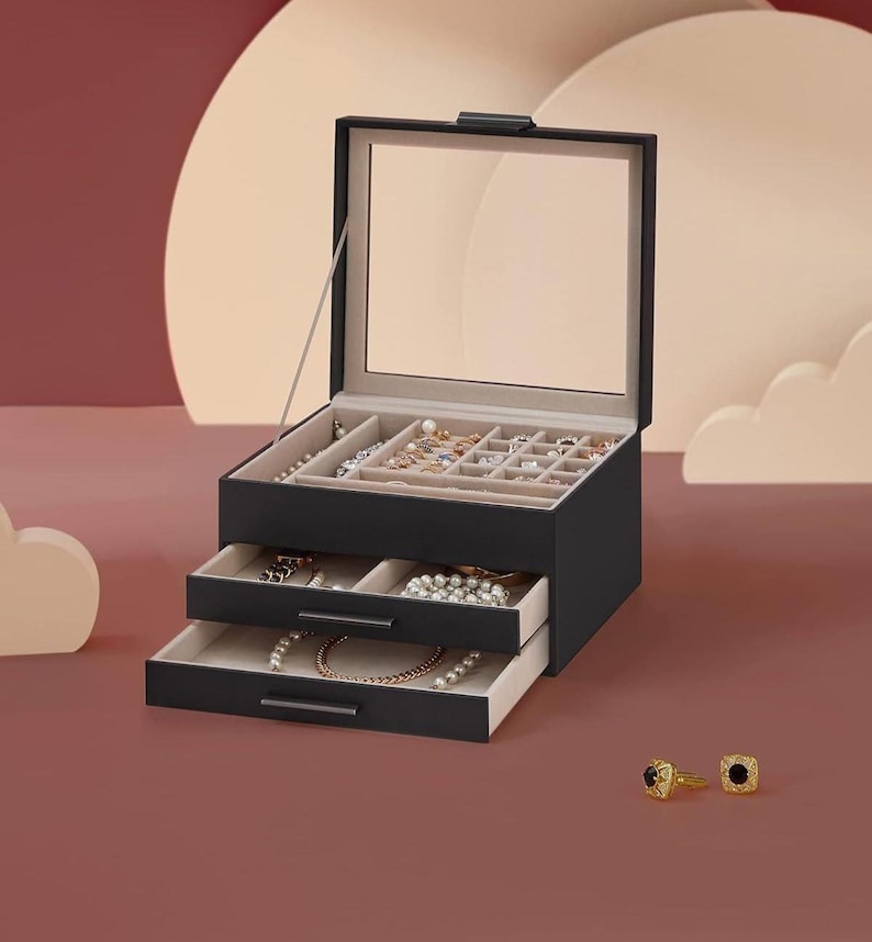 Glass Lid Jewelry Box Organizer: 3-Layer Storage with Drawers image 13