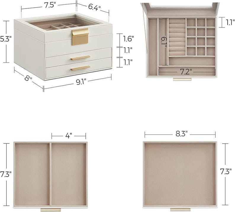 May include: A white jewellery box with three drawers and a top compartment. The box measures 23.1 cm wide, 20.3 cm deep, and 13.5 cm tall. The top compartment has a clear lid and the drawers have gold-coloured handles.