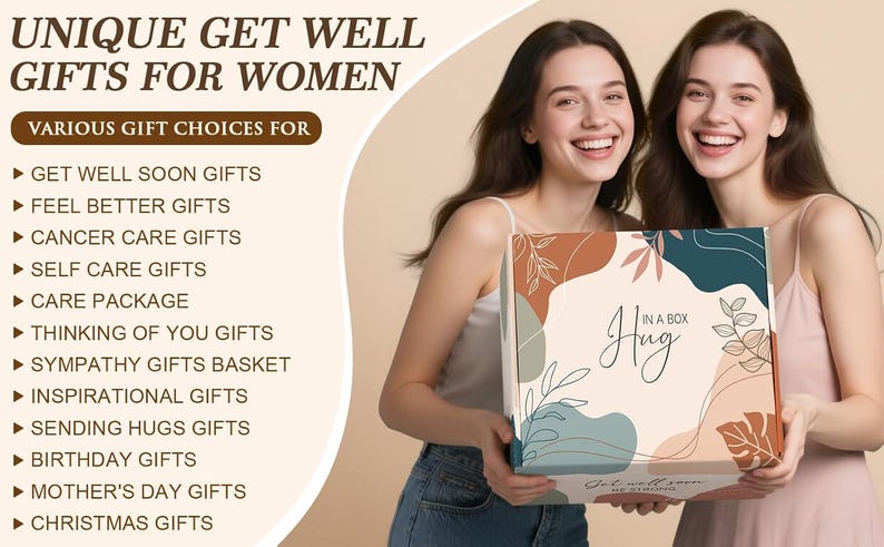 May include: A square cardboard gift box featuring a cream background with abstract shapes in terracotta, teal, and sage green, along with line-art leaves. The text reads Hug IN A BOX and Get well soon BE STRONG.