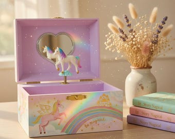 Girls Musical Jewelry Box – Dancing Unicorn, Rainbow Castle Decor
