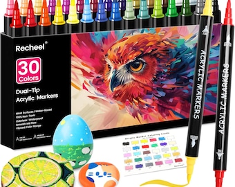 30 Colors Acrylic Paint Markers: Dual Fine & Brush Tip for Art, Rock, Wood, Ceramic